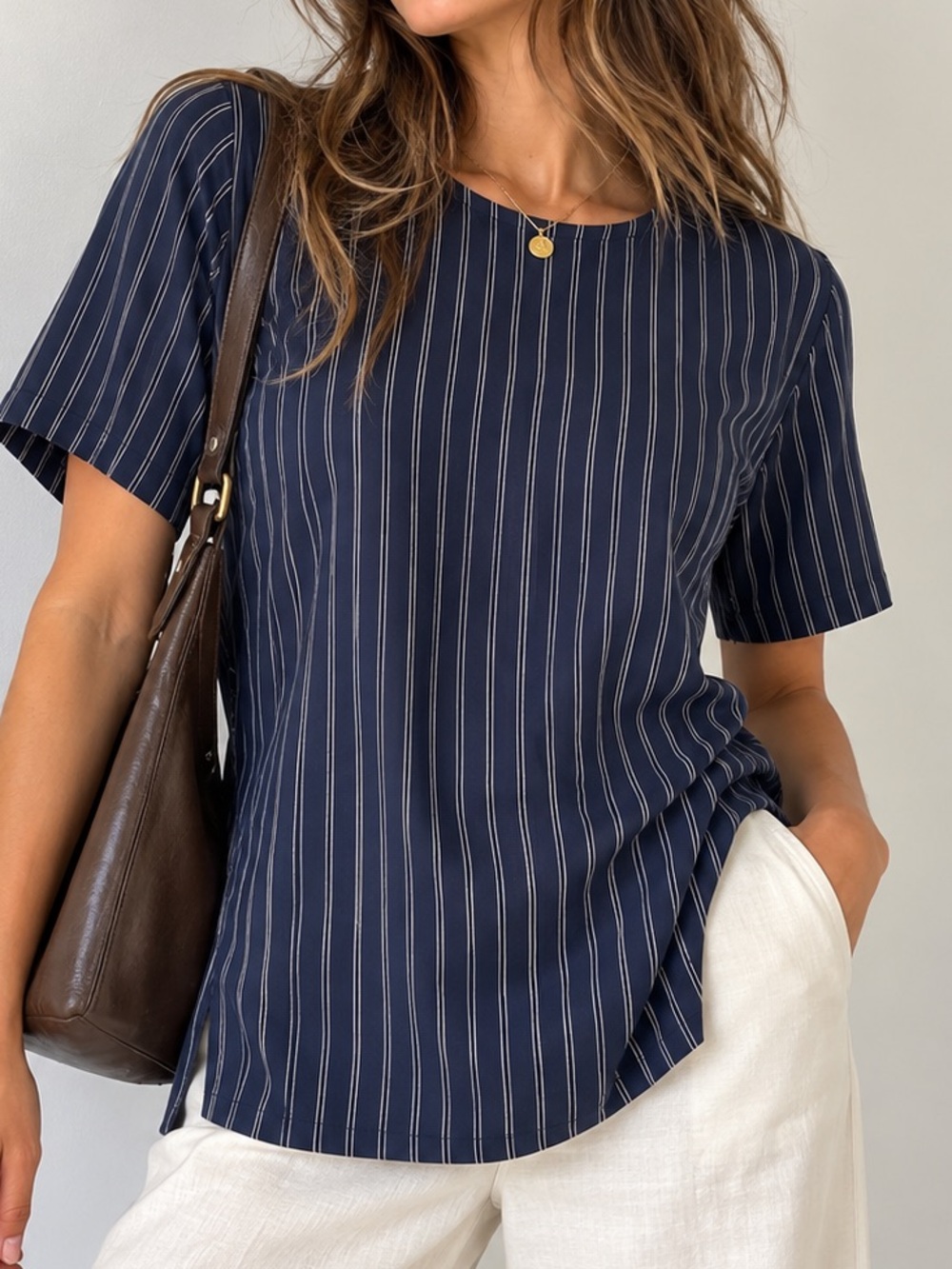 Eileen Fisher Navy Striped - Pinstripe Tencel Longline Top Small-XXS NWT Flawed